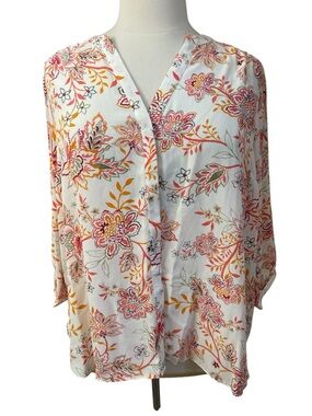 NYDJ White Floral Chiffon V-Neck Button Front Blouse